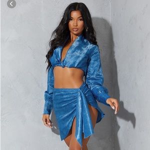 Blue Satin Printed Twist Front Long Sleeve Crop Top